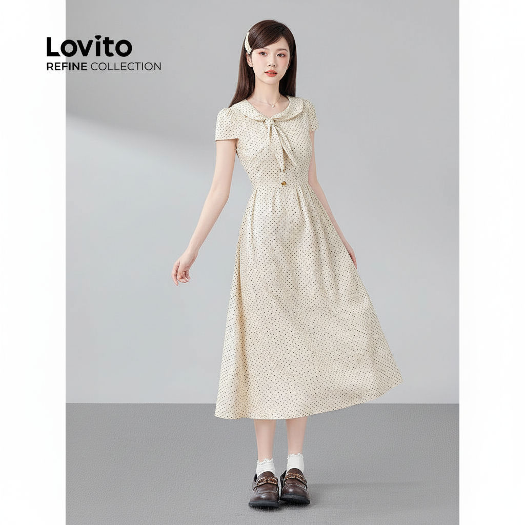 (Refine by Lovito) เดรสผู้หญิงทรงพลีท ติดกระดุม สําหรับฤดูใบไม้ผลิ ฤดูร้อน LR26A300