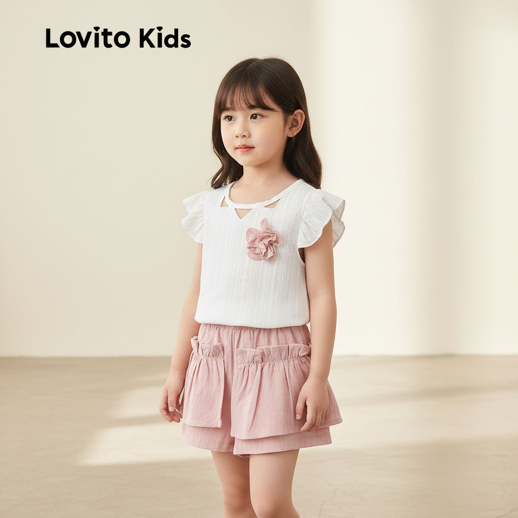Lovito Kids ชุดเซตกางเกงขาสั้นน่ารักสําหรับสาวๆ ฤดูใบไม้ผลิ/ฤดูร้อน LNL128124
