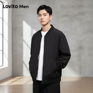 Lovito เสื้อแจ็คเก็ตผู้ชาย ซิป สไตล์ฤดูใบไม้ร่วงฤดูหนาว สีดํ…