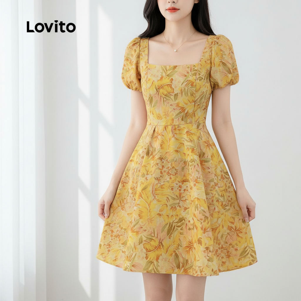 Lovito ชุดเดรสโบโฮผู้หญิง สีเหลือง ซิปหน้า ฤดูใบไม้ผลิ ฤดูร้อน L164ED448