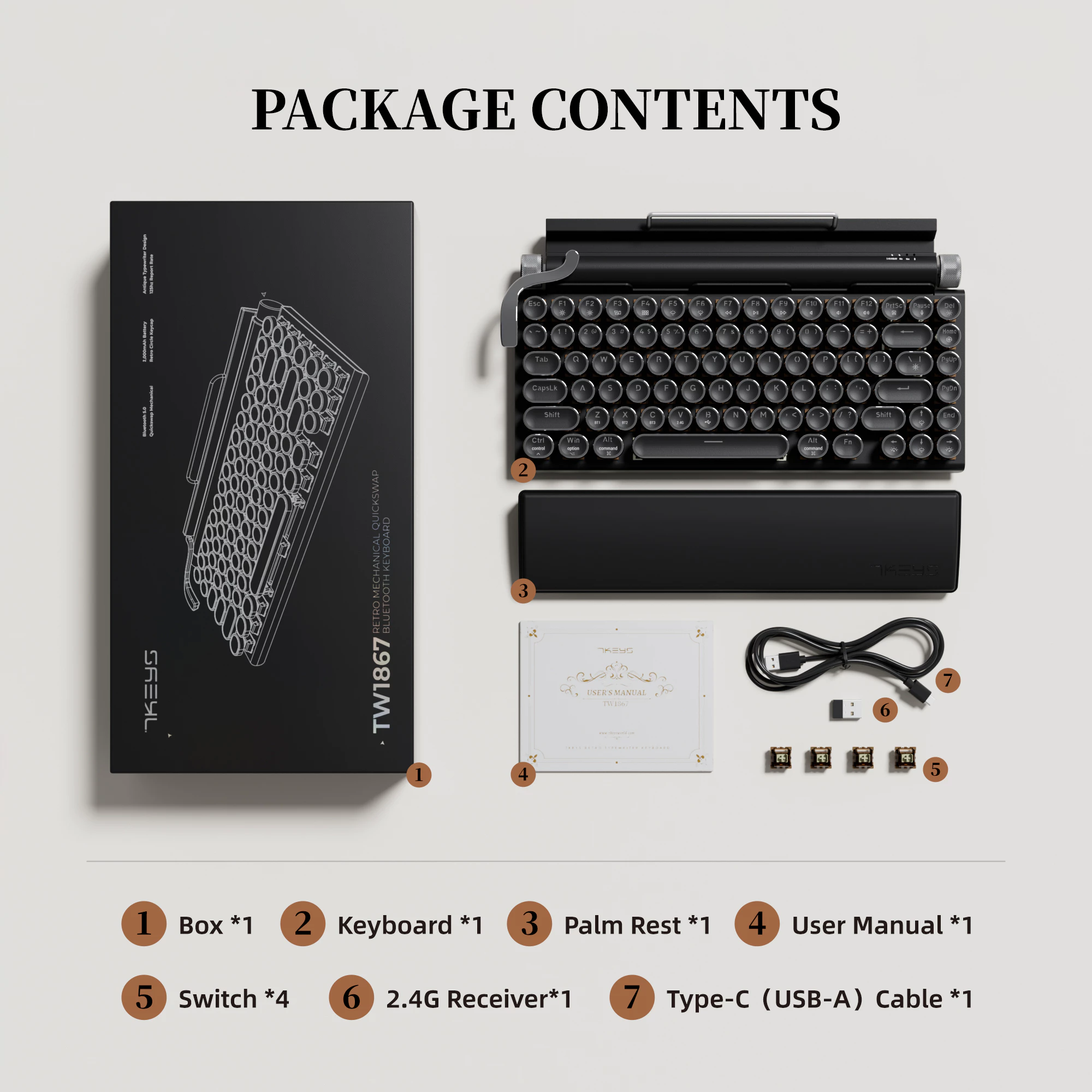 คีย์บอร์ดกลไกไร้สาย 7KEYS TW1867 Retro Typewriter RGB thumbnail 8