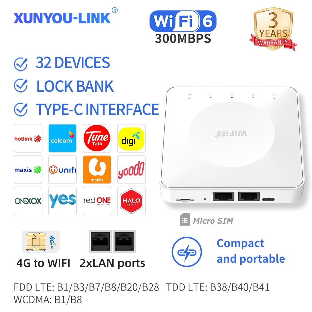 XUNYOU-LINK 4G LTE Pocket Router WiFi 6 โมเด็มแบบพกพาสําหรับ Telcos ทั้งหมด