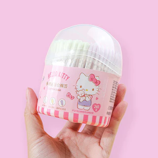 MINISO สําลีก้านซานริโอซีรีส์เฮลโลคิตตี้แบบสองหัว นุ่มพิเศษและลดการระคายเคือง ปลายเรียวแม่นยํา ขนาด 10.5ซม. × 8.7ซม. × 8.7ซม.