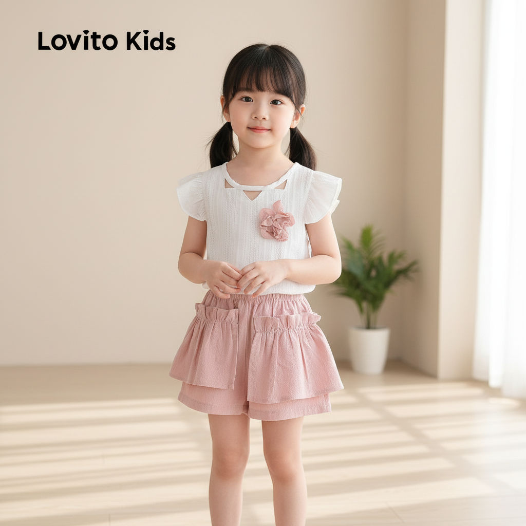 Lovito Kids ชุดเซตกางเกงขาสั้นน่ารักสําหรับสาวๆ ฤดูใบไม้ผลิ/ฤดูร้อน LNL128124