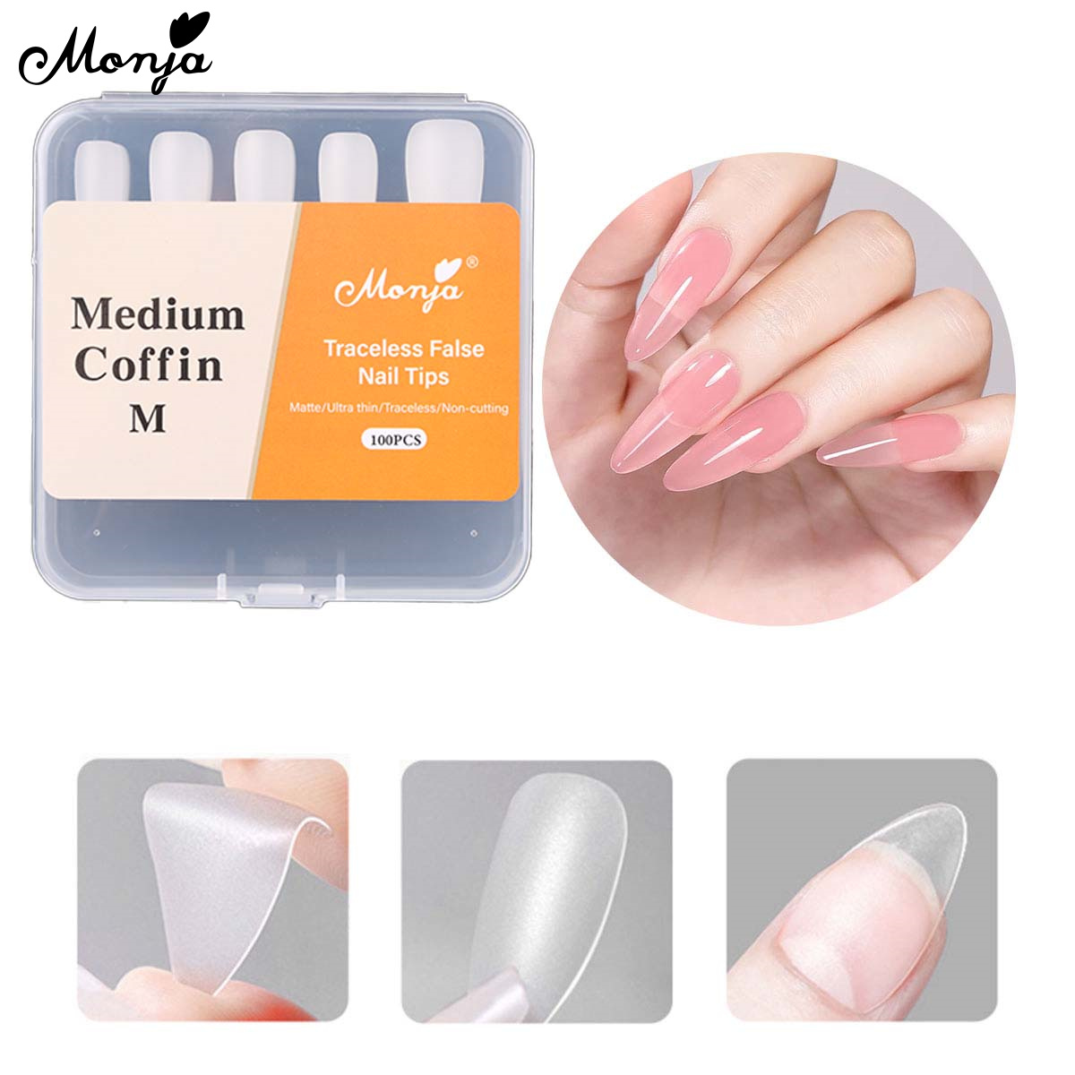 Monja 100PCS S/M Frosted เล็บปลอม Matte Almond Ballerina รูปไข่เล็บปลอมเคล็ดลับ DIY