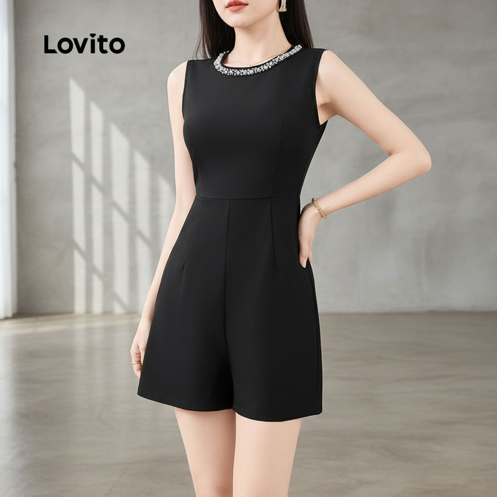 Lovito จั๊มสูทผู้หญิงไข่มุกเรียบหรู L129AD041