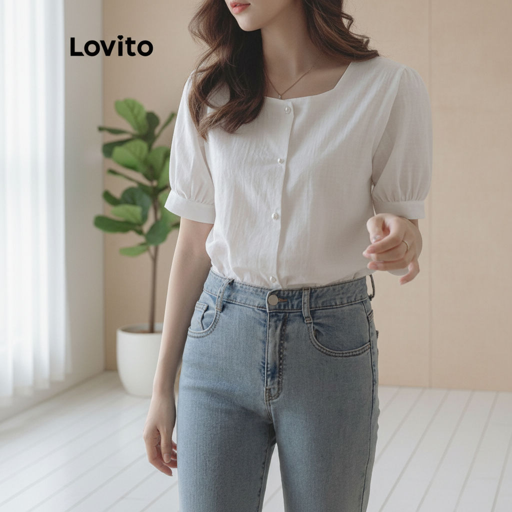 Lovito เสื้อเบลาส์ลําลอง คอเหลี่ยม กระดุมหน้า สีพื้น สําหรับผู้หญิง LNA04158 (สีขาว)