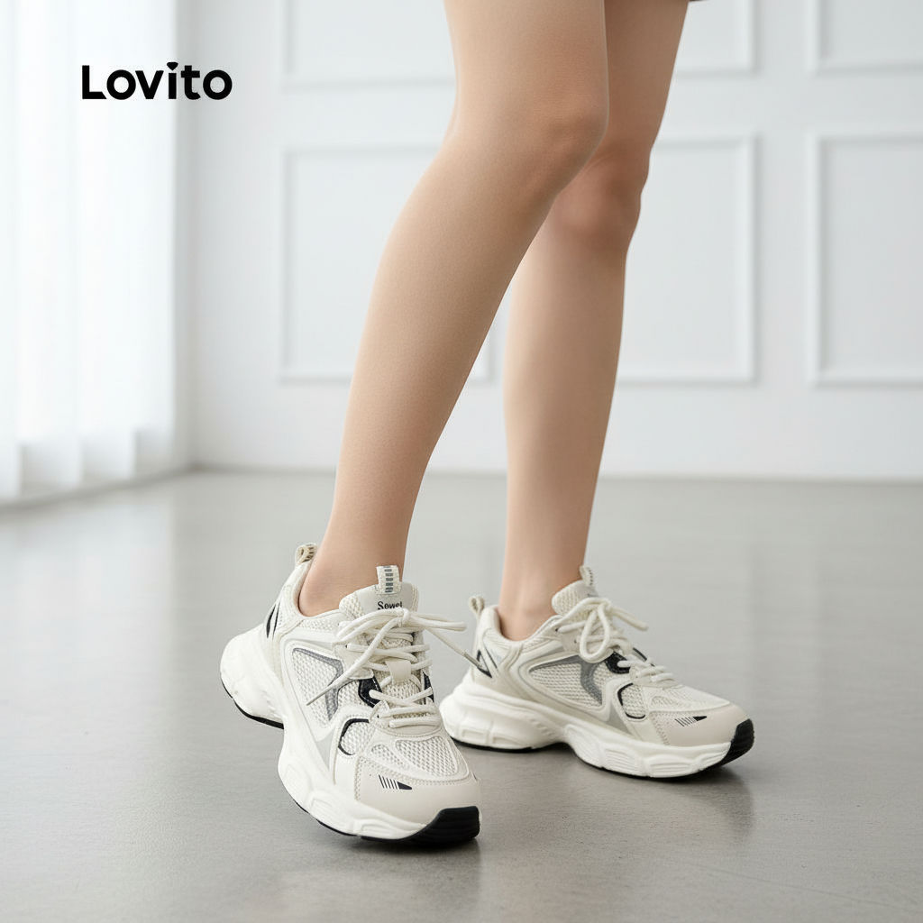 Lovito รองเท้าผู้หญิงผ้าใบ เพิ่มความสูง ระบายอากาศ สไตล์ลําลอง สีพื้น LFA40382