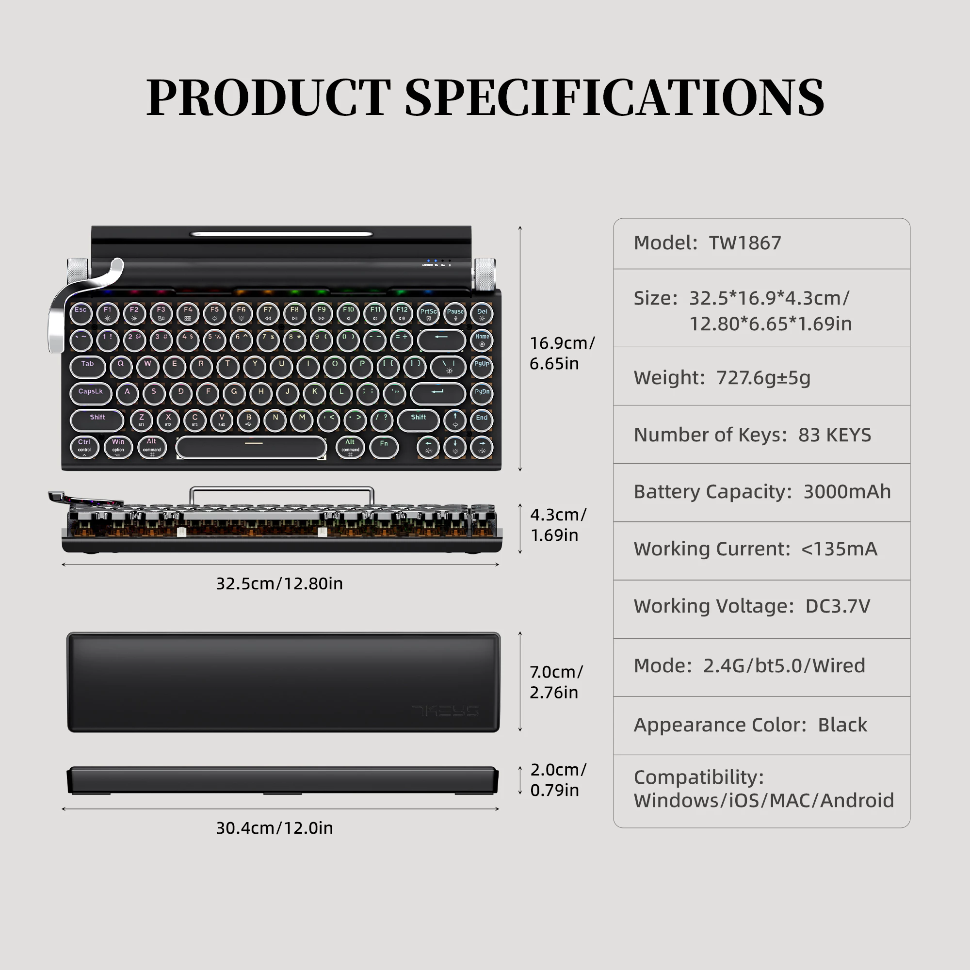 คีย์บอร์ดกลไกไร้สาย 7KEYS TW1867 Retro Typewriter RGB thumbnail 9