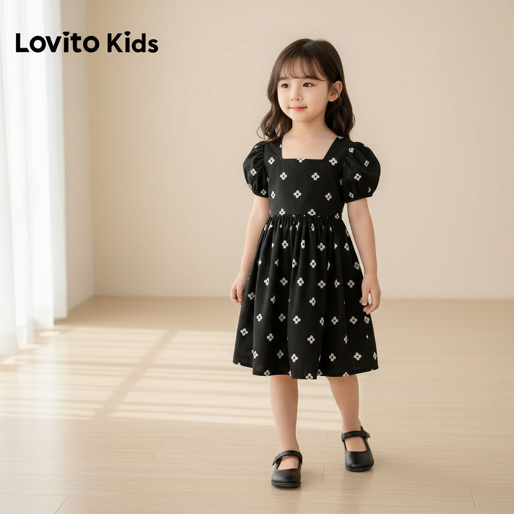 Lovito ชุดเดรสระบาย สีดํา สําหรับเด็กผู้หญิง รุ่น L168LD183