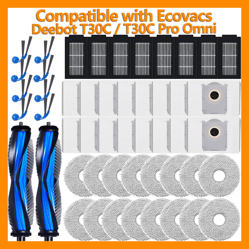 ชุดอะไหล่ทดแทนเข้ากันได้กับ Ecovacs Deebot T30C / T30C Pro Omni แปรงหลัก แปรงด้านข้าง ไส้กรอง ถุงเก็