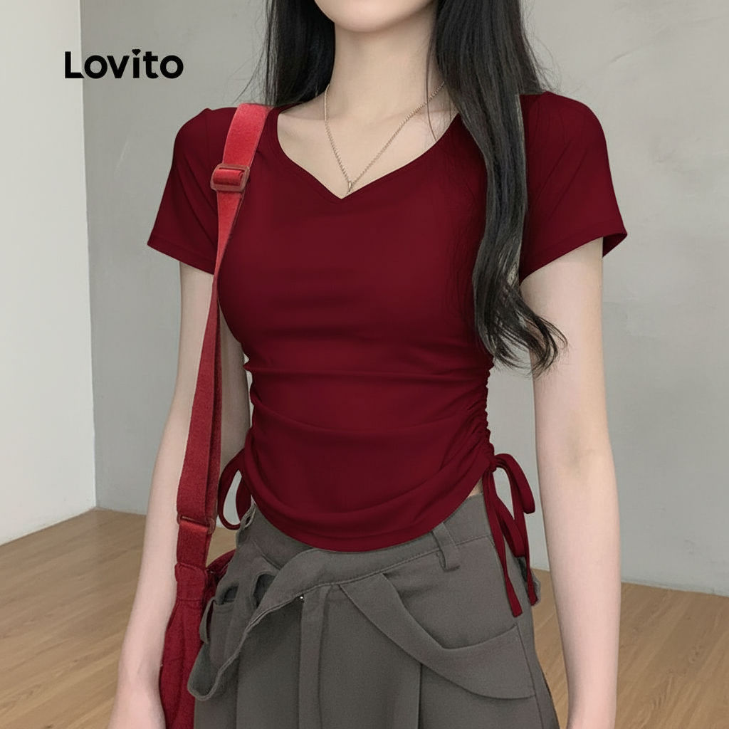 Lovito เสื้อยืดผู้หญิงผูกเชือก สไตล์ลําลอง สําหรับฤดูใบไม้ผลิ ฤดูร้อน สีแอปริคอท LK2EDD057