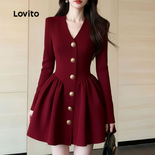 Lovito เดรสสีแดงน่ารักสําหรับฤดูใบไม้ร่วง/ฤดูหนาวสําหรับผู้ห…