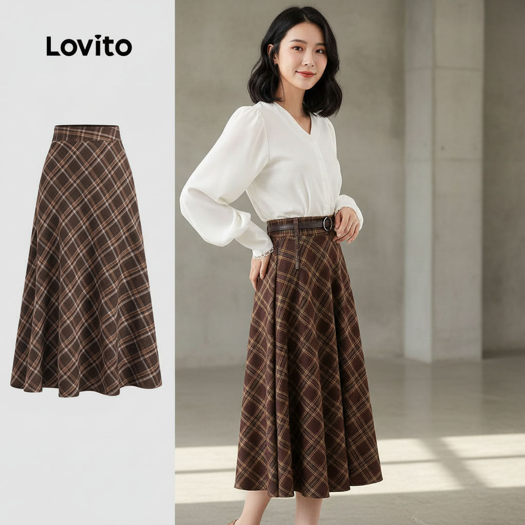 Lovito แคชชวล กระโปรงลายสก็อตสําหรับผู้หญิง ดีไซน์เย็บสวยหรู LBL22556