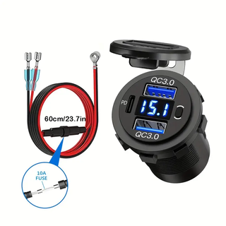 อะแดปเตอร์ซ็อกเก็ตชาร์จ USB 3 พอร์ต พร้อมโวลต์มิเตอร์และสวิต…