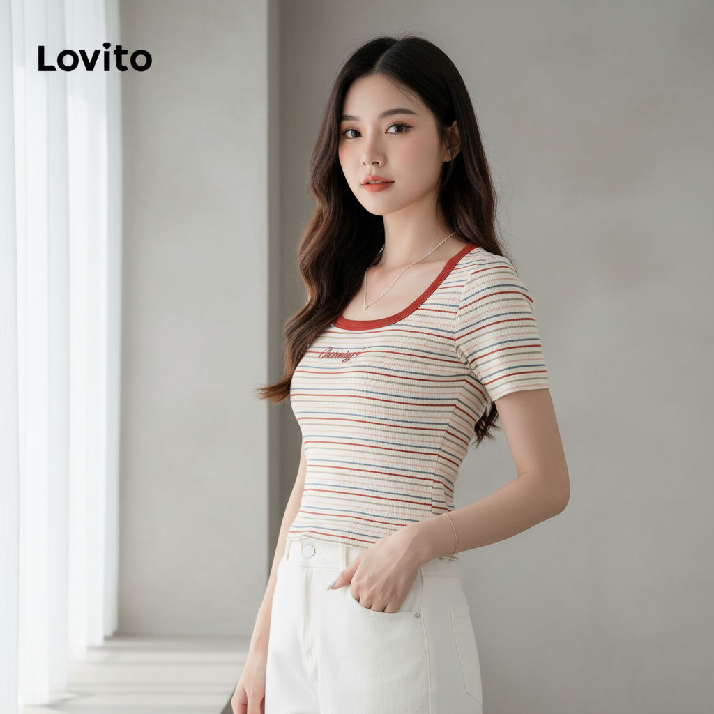 Lovito เสื้อยืดผู้หญิงลายชัดเจน ผูกโบว์ ทรงลําลอง รหัส LNE60405 มีหลายสี