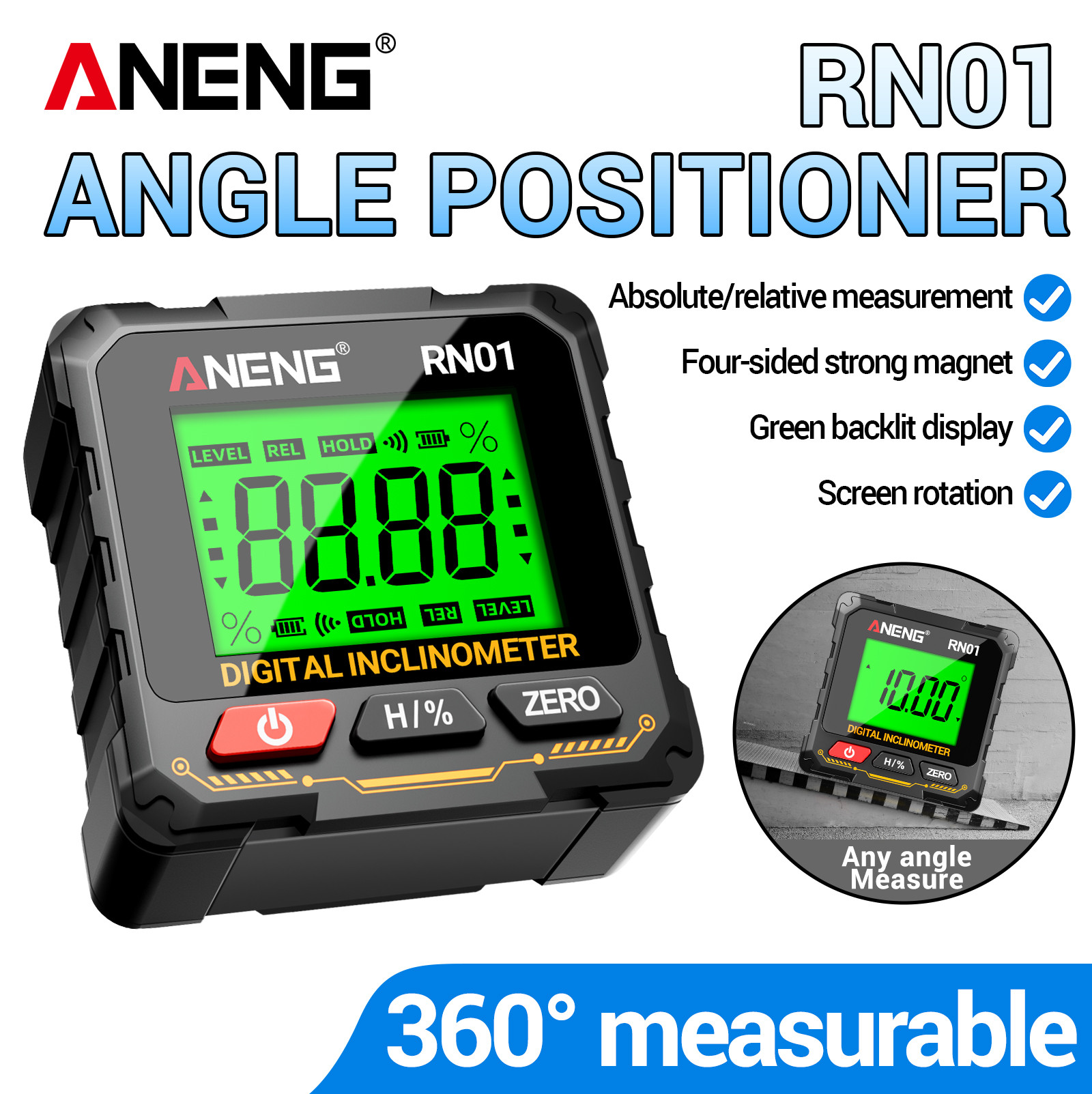 หลายหน่วย ANENG RN01 เครื่องวัดมุมดิจิตอลแม่เหล็กเครื่องวัดมุม 360 องศา