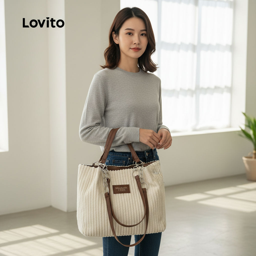 Lovito กระเป๋าถือหูหิ้วขนาดใหญ่สําหรับสุภาพสตรี ดีไซน์ลําลอง LFA104019