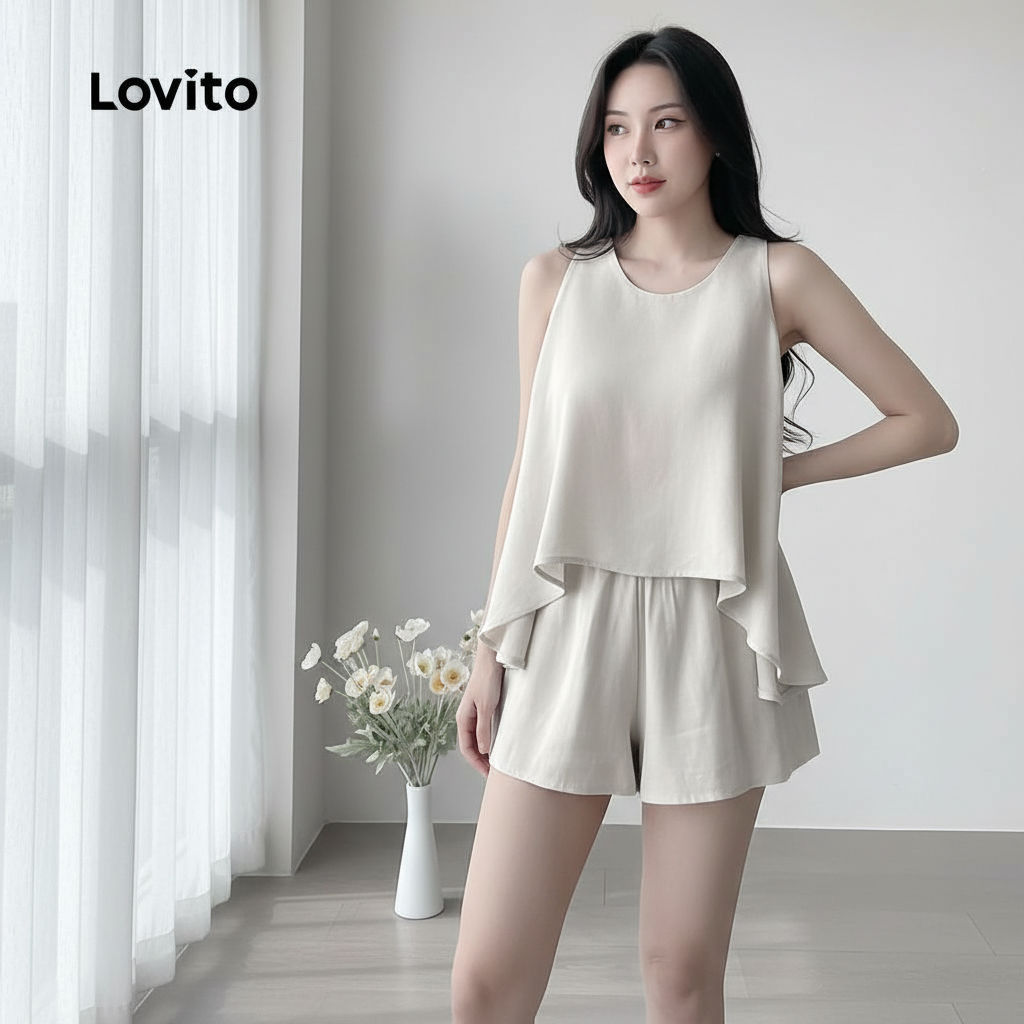 Lovito เสื้อเชิ้ตหรือกางเกงผู้หญิงสไตล์ลําลอง ดีไซน์ไม่สมมาตร สําหรับฤดูร้อนและฤดูใบไม้ผลิ L131ED610