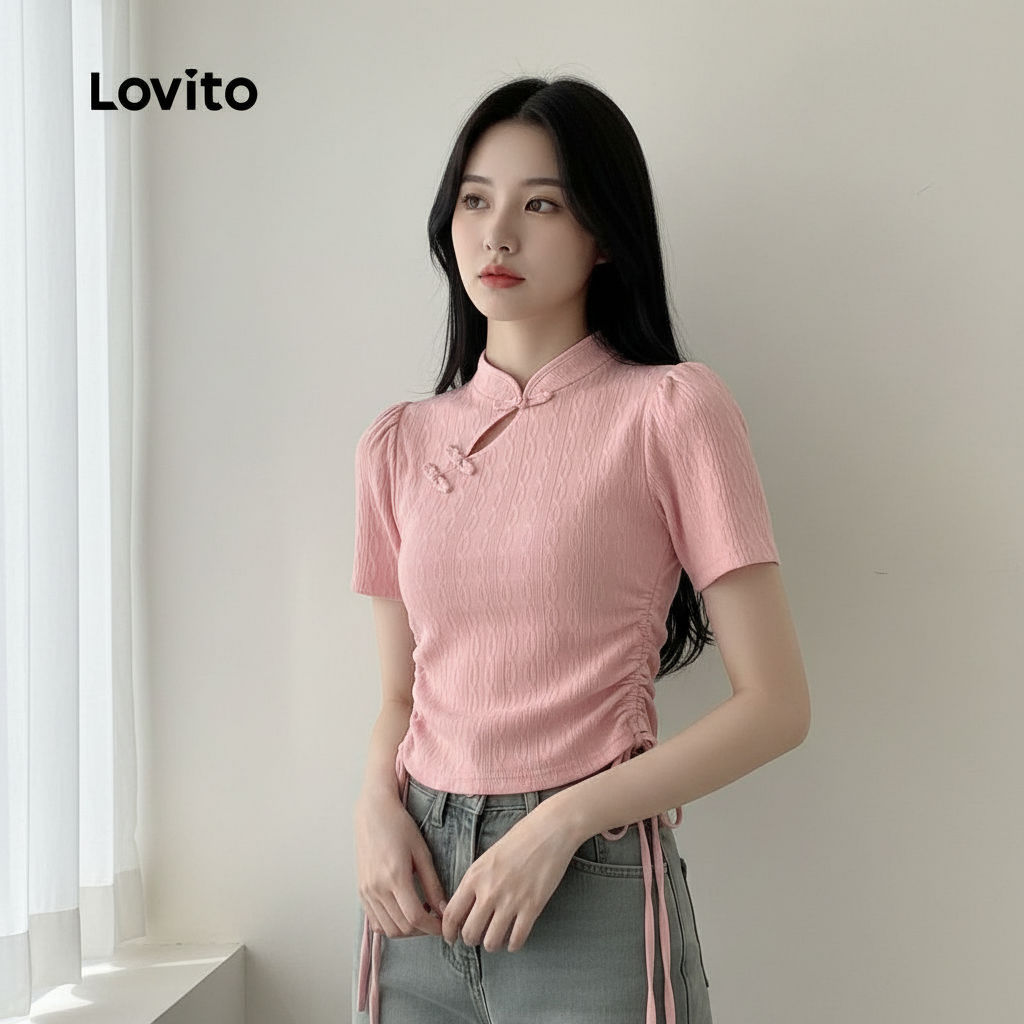 Lovito เสื้อยืดผู้หญิงสีชมพู ดีไซน์กระดุมและผูกเชือก สําหรับฤดูใบไม้ผลิ/ฤดูร้อน LK2ED209