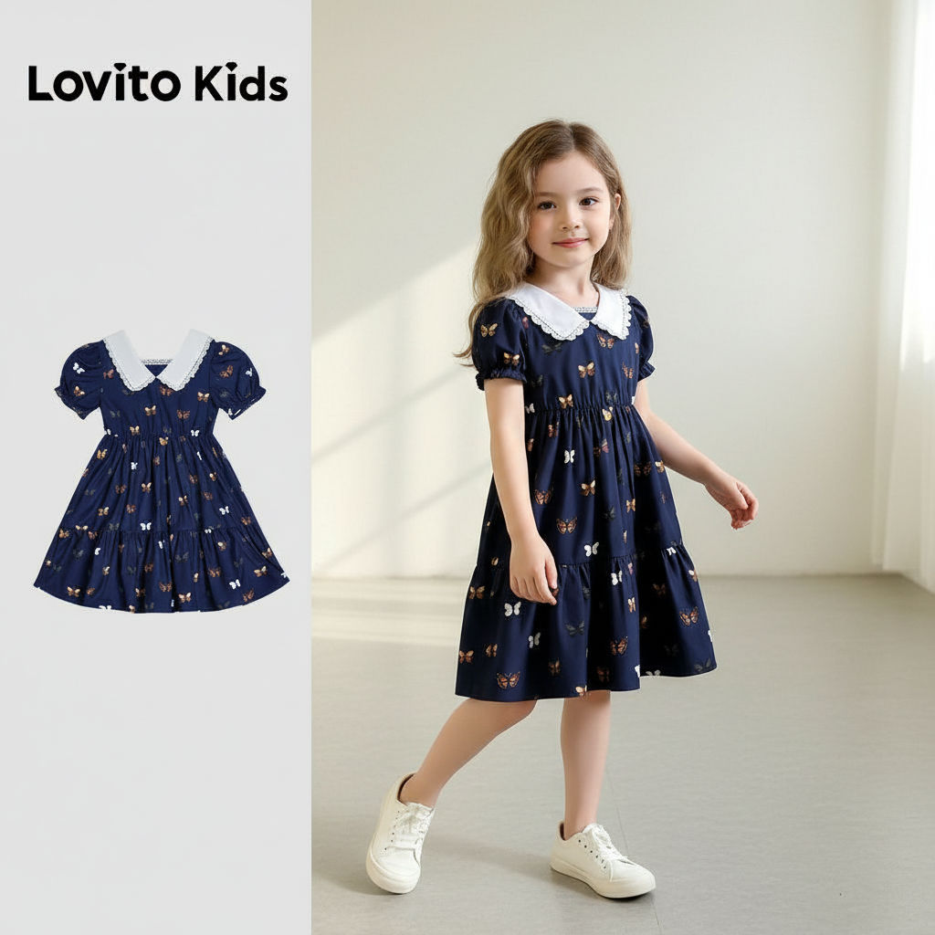 Lovito Kids เดรสเด็กผู้หญิงลูกไม้สีกรมท่า สําหรับฤดูใบไม้ผลิและฤดูร้อน L168LD185