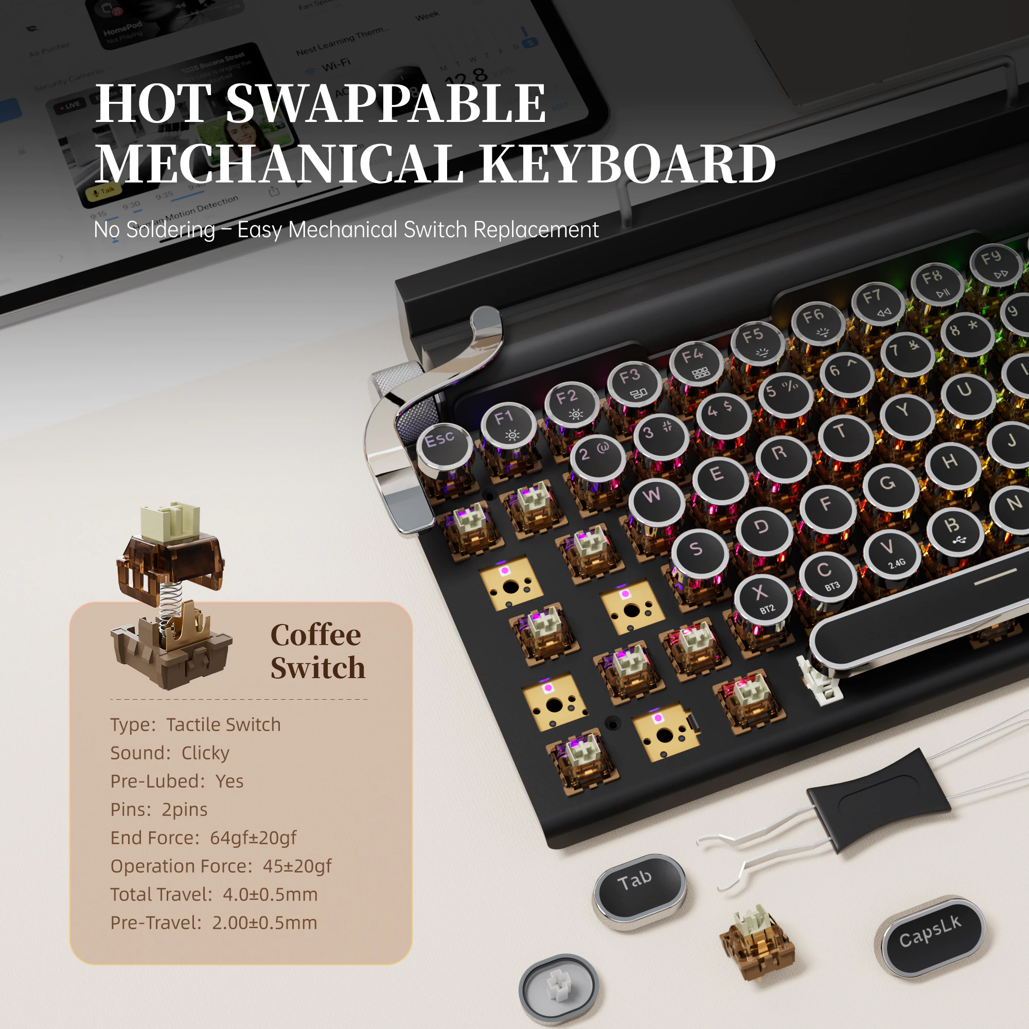 คีย์บอร์ดกลไกไร้สาย 7KEYS TW1867 Retro Typewriter RGB thumbnail 6