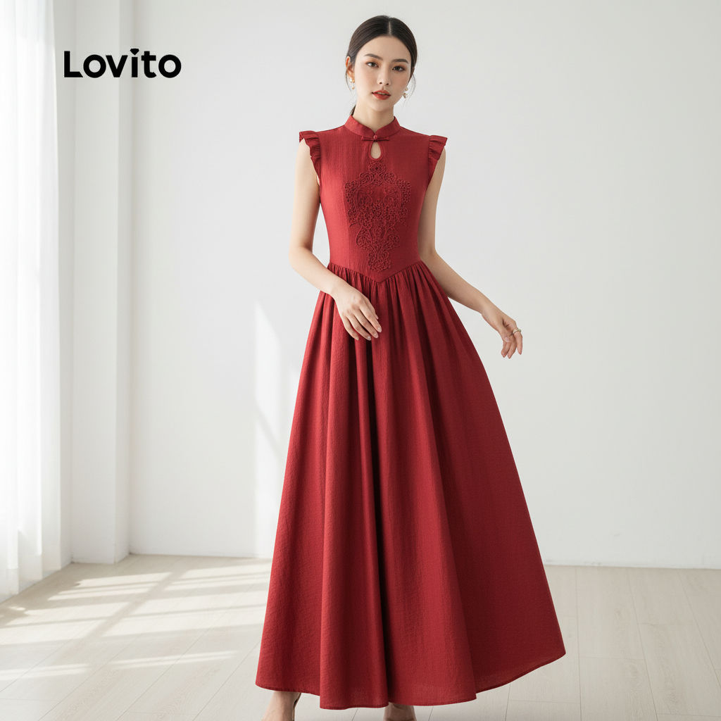 Lovito เดรสหรูสําหรับเทศกาลและปาร์ตี้ เดรสจีนสีแดงเข้มสําหรับผู้หญิง LK2ED445