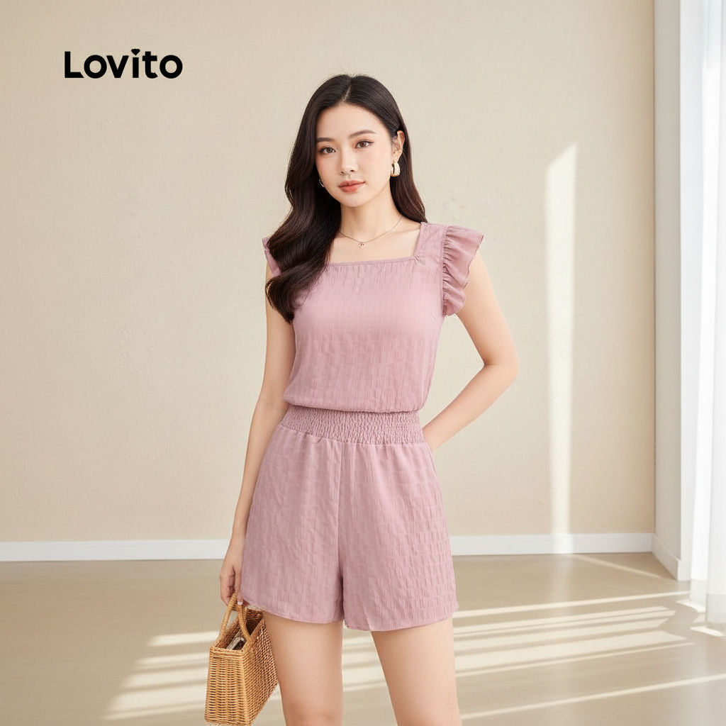 Lovito ชุดเซตกางเกงขาสั้นผู้หญิง ทรงหลวม ใส่สบาย สําหรับผู้หญิง L124AD207