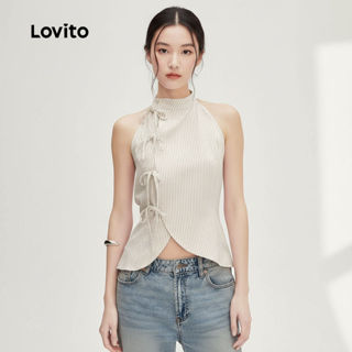 Lovito เสื้อเชิ้ตผู้หญิงทรงกี่เพ้าไม่สมมาตร ผูกโบว์สีกากี ดี…