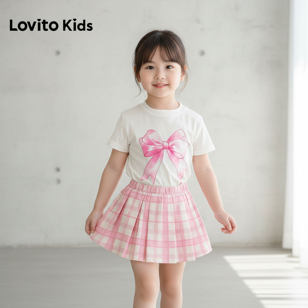 Lovito ชุดกระโปรงเด็ก กระโปรงจีบ สีชมพู ฤดูใบไม้ผลิ ฤดูร้อน สําหรับเด็กหญิง L168LD196