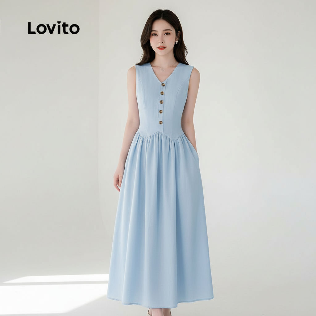 Lovito เดรสผู้หญิง สีฟ้า หรูหรา ซิปเรียบ ฤดูใบไม้ผลิ ฤดูร้อน L134LD189