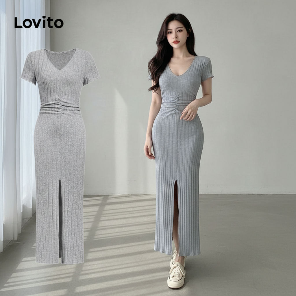 Lovito เดรสผู้หญิง ทรงสบาย สีเรียบ ผ่าด้านหน้า L108ED610