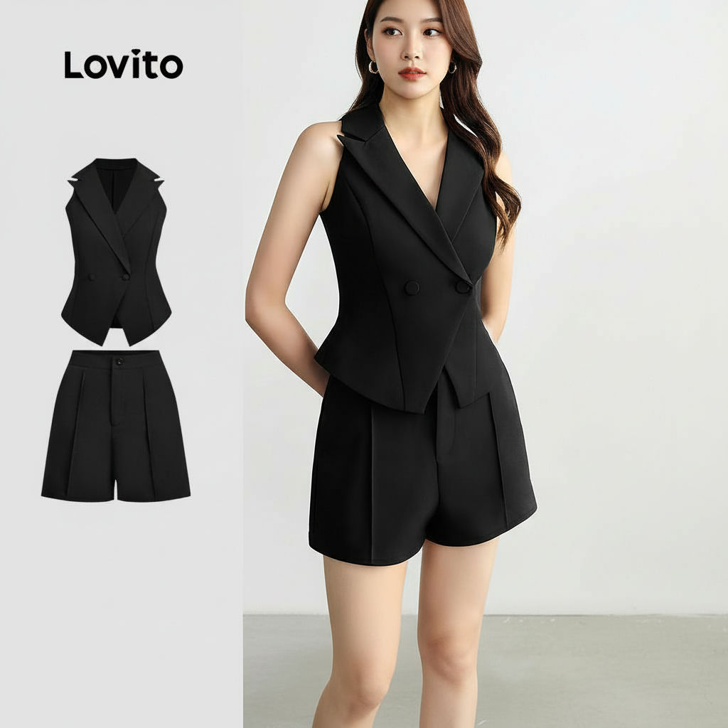 Lovito กางเกงขาสั้นผู้หญิงสไตล์หรูหรา ตกแต่งกระดุม สําหรับฤดูใบไม้ผลิ/ฤดูร้อน สีดํา L137ED209