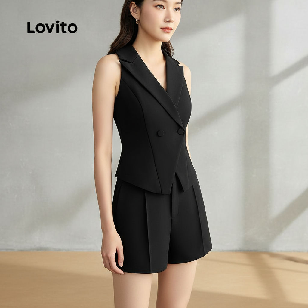 Lovito กางเกงขาสั้นผู้หญิงสไตล์หรูหรา ตกแต่งกระดุม สําหรับฤดูใบไม้ผลิ/ฤดูร้อน สีดํา L137ED209