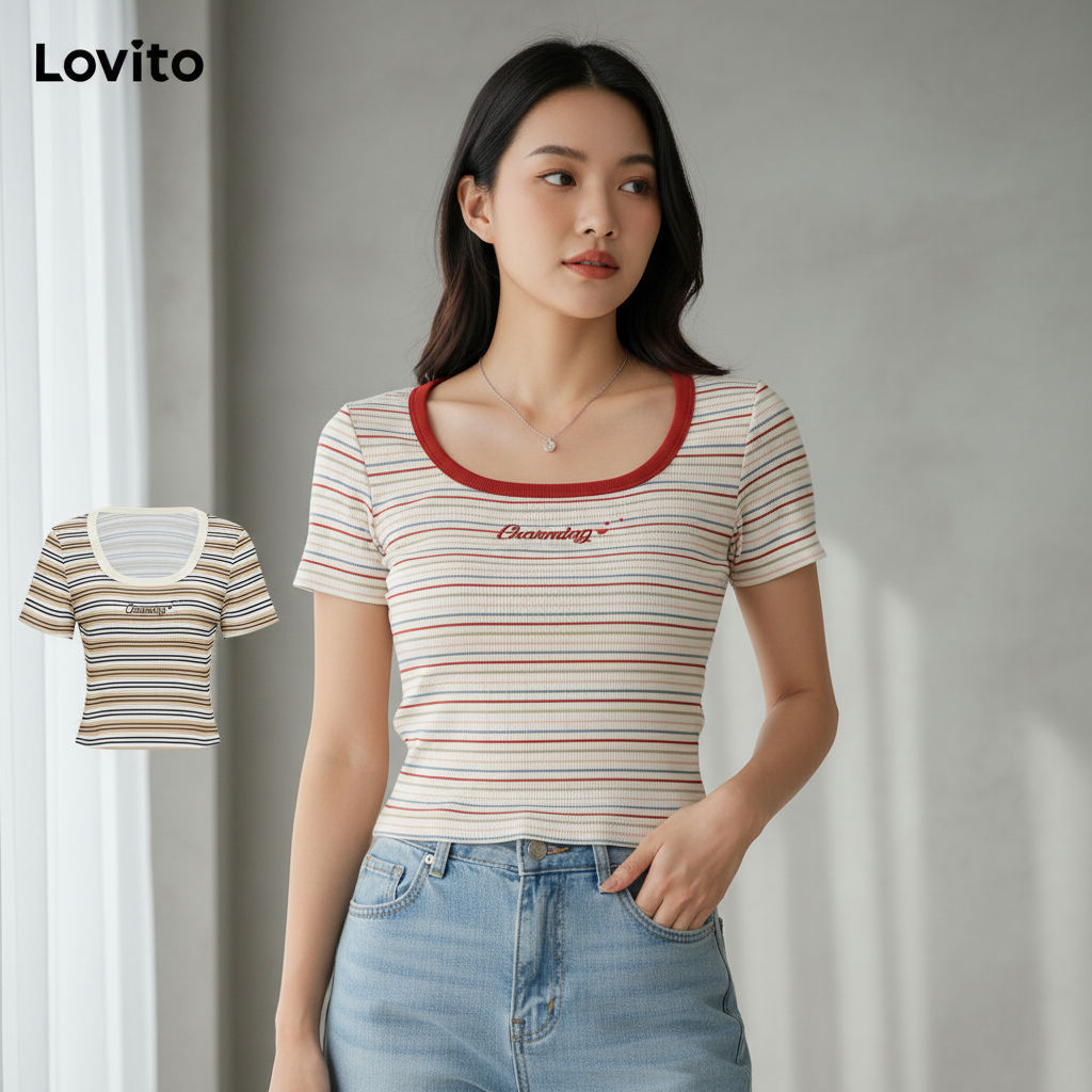 Lovito เสื้อยืดผู้หญิงลายชัดเจน ผูกโบว์ ทรงลําลอง รหัส LNE60405 มีหลายสี