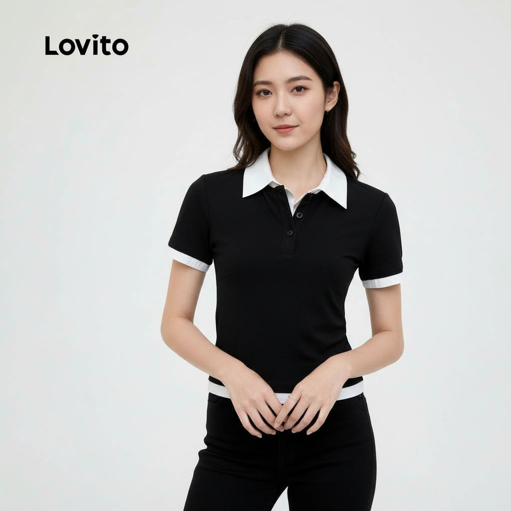 Lovito เสื้อยืดผู้หญิงลายบล็อกสี 2in1 สไตล์ฤดูใบไม้ผลิ ฤดูร้อน สีดํา ขาว L159AD168