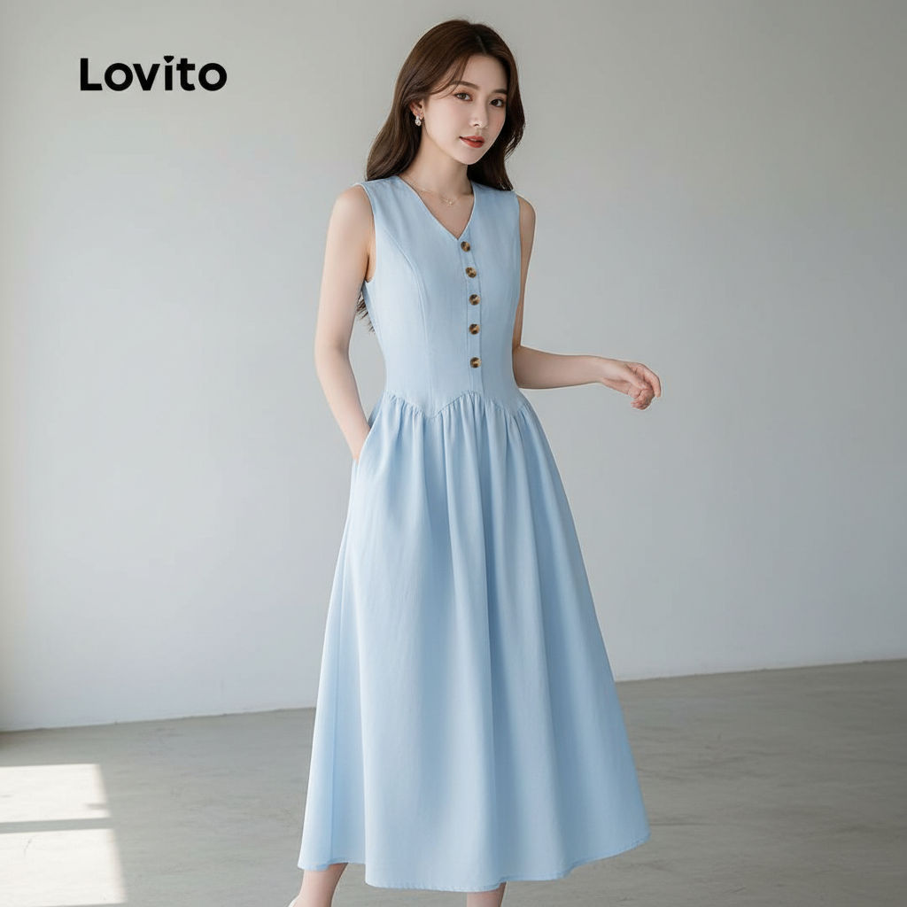 Lovito เดรสผู้หญิง สีฟ้า หรูหรา ซิปเรียบ ฤดูใบไม้ผลิ ฤดูร้อน L134LD189