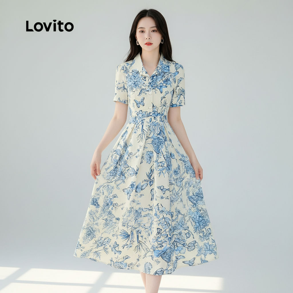 Lovito เดรสผู้หญิงทรงเรียบหรู ซิปพลิ้ว สไตล์ฤดูใบไม้ผลิและฤดูร้อน L154LD356