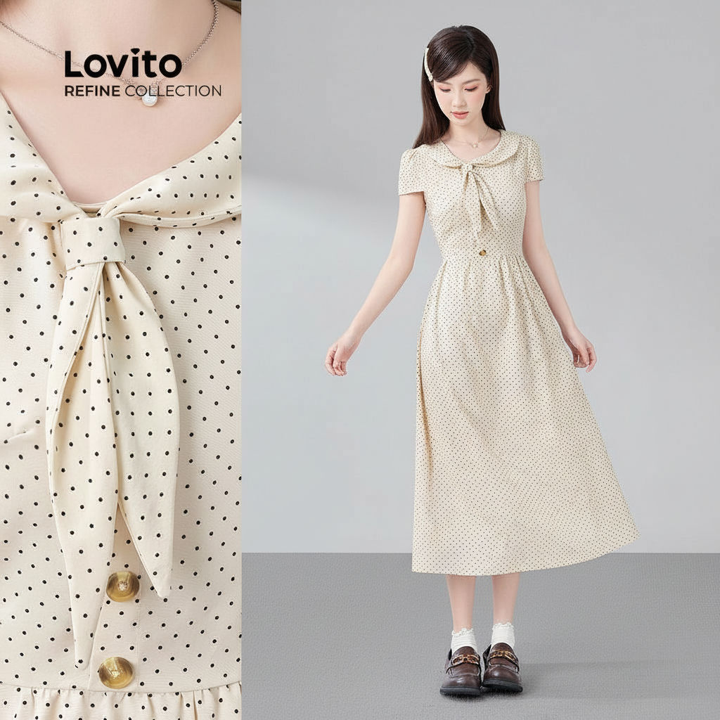 (Refine by Lovito) เดรสผู้หญิงทรงพลีท ติดกระดุม สําหรับฤดูใบไม้ผลิ ฤดูร้อน LR26A300
