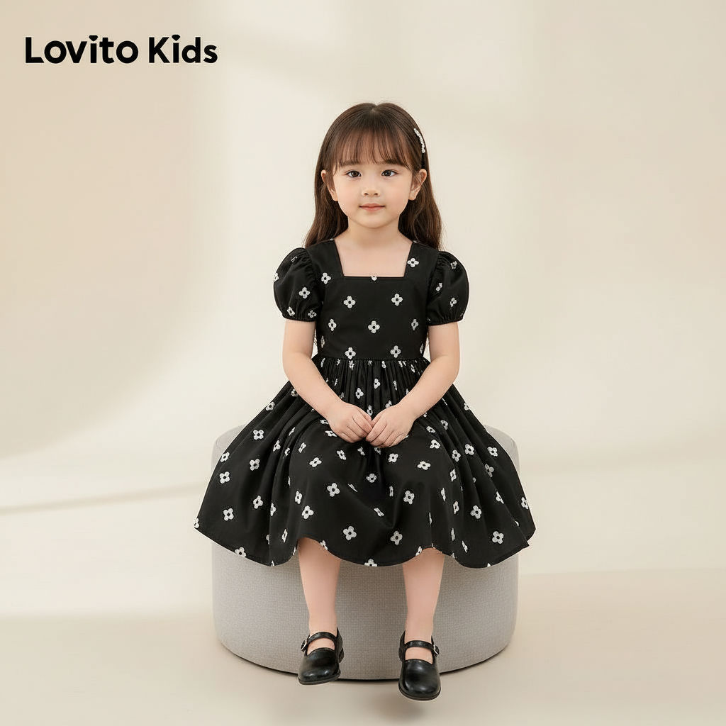 Lovito ชุดเดรสระบาย สีดํา สําหรับเด็กหญิง ใส่ลําลอง ฤดูใบไม้ผลิ ฤดูร้อน L168LD183