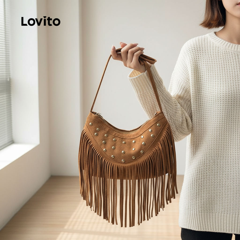 Lovito กระเป๋าถือผู้หญิงแต่งหมุดดีไซน์ลําลอง LFA104009