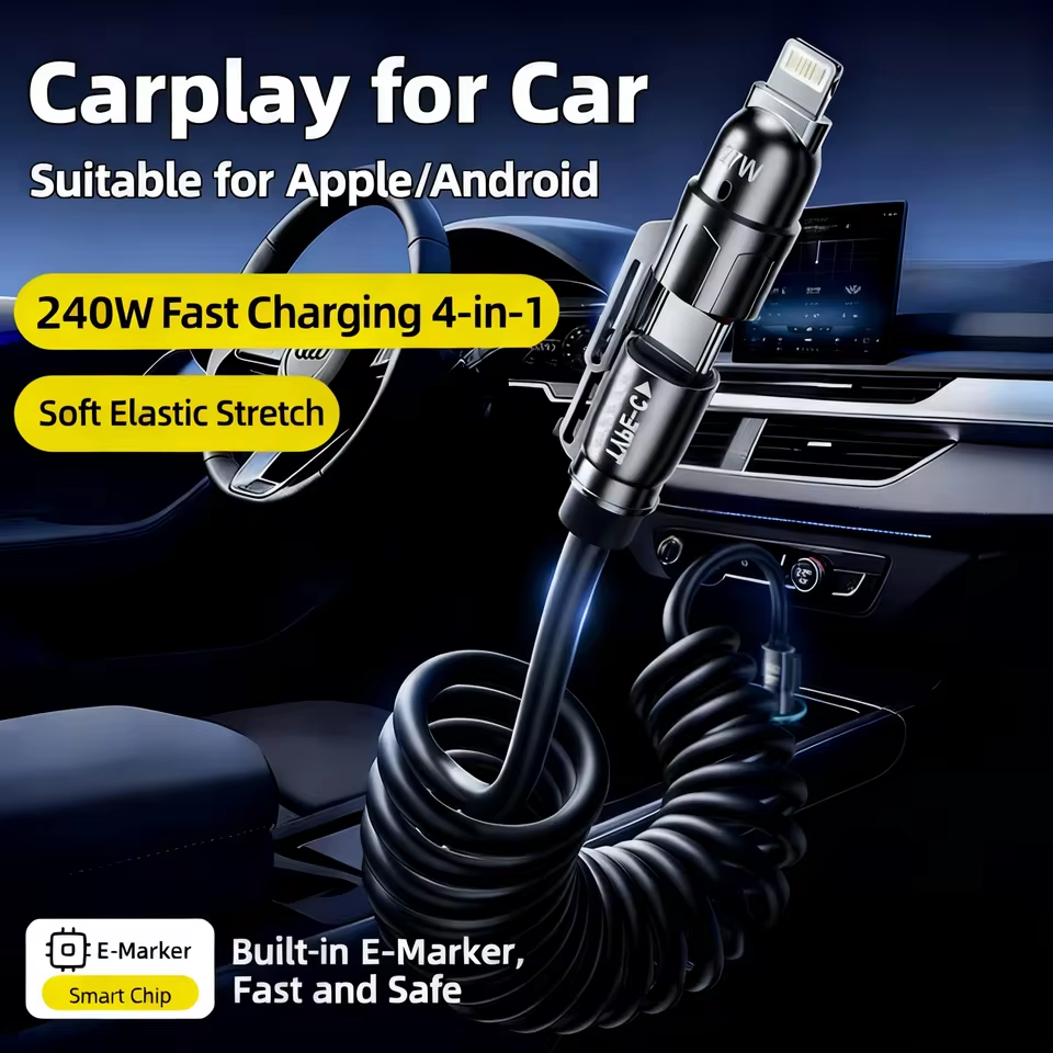 สายเคเบิลข้อมูลยืดไสลด์สปริงรถ 240W USB Type-C 4-in-1 Fast Charging C ถึง C พร้อม PD สําหรับ iPhone Samsung