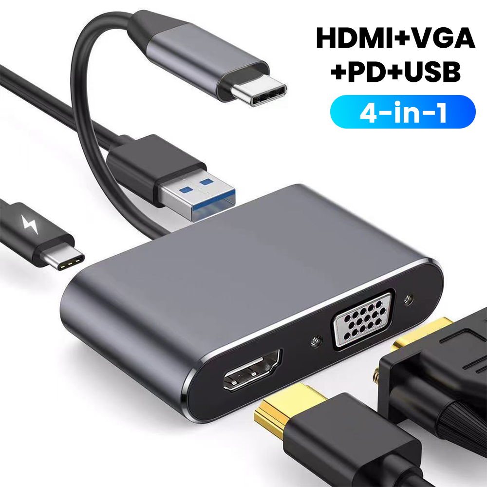 พอร์ต USB HUB 4 in 1 VGA แล็ปท็อป 4K อะแดปเตอร์ HDMI PD ชาร์จแล็ปท็อป Type C Splitter Docking Station