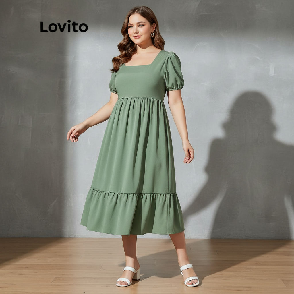 Lovito เดรสพลัสไซส์ แขนตุ๊กตา คอเหลี่ยม ซิปหลัง สีพื้น สไตล์แคชชวล สําหรับผู้หญิง LPS05023 (สีเขียว)