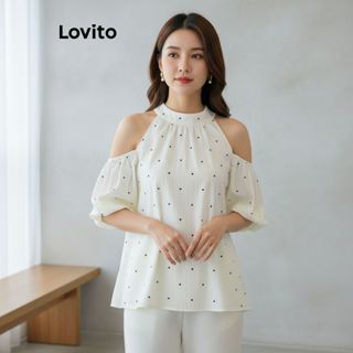 Lovito เสื้อเบลาส์ผู้หญิง ลายจุด ผูกโบว์ด้านหลัง สไตล์แฟชั่น…