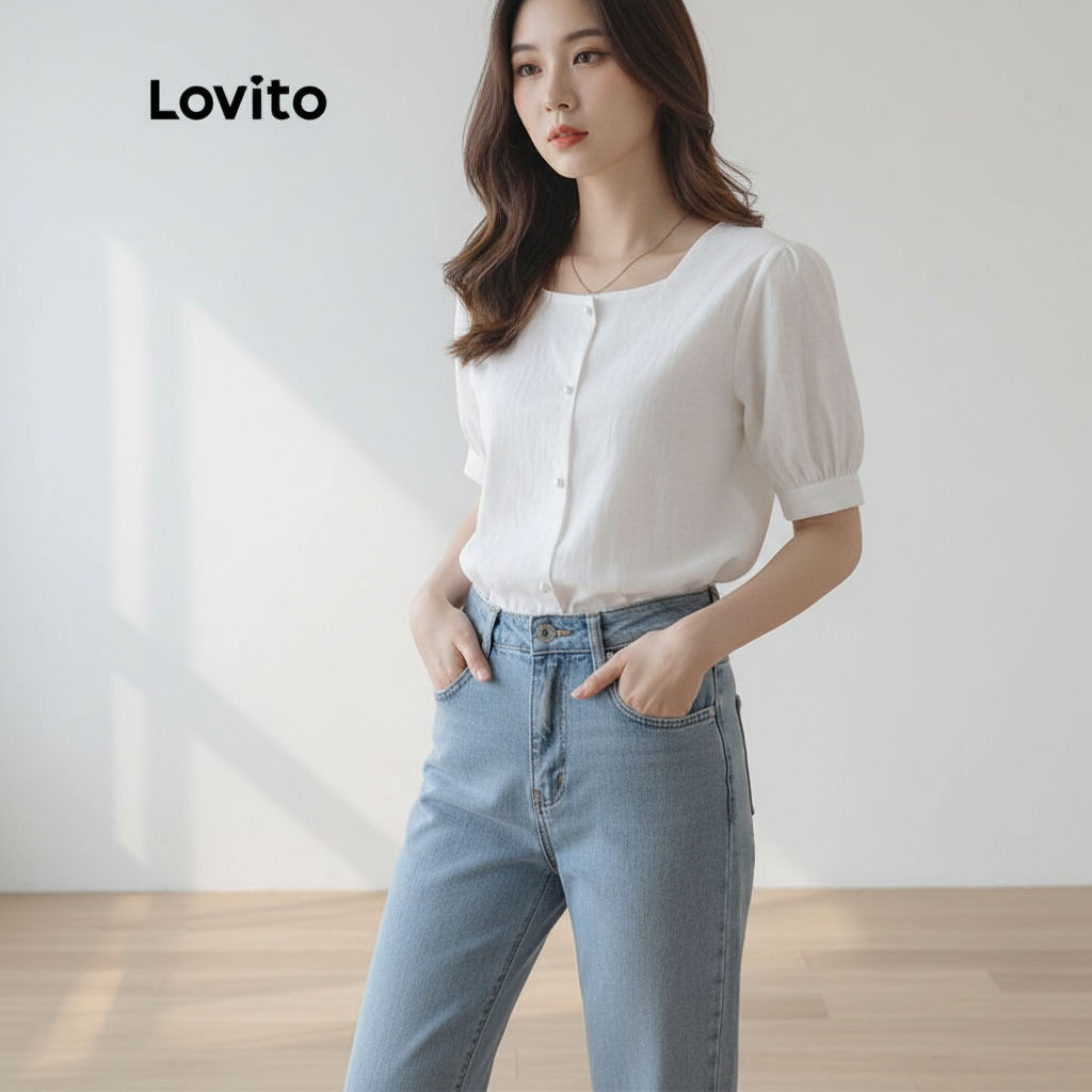 Lovito เสื้อเบลาส์ลําลอง คอเหลี่ยม กระดุมหน้า สีพื้น สําหรับผู้หญิง LNA04158 (สีขาว)