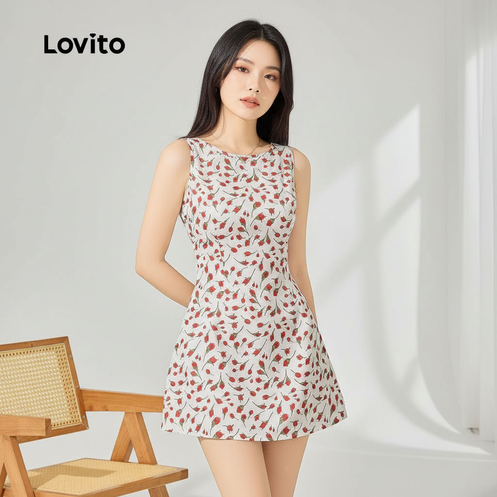Lovito ชุดเดรสผูกหลังลายดอกไม้สไตล์โบฮีเมียนสําหรับผู้หญิง  L123ED445