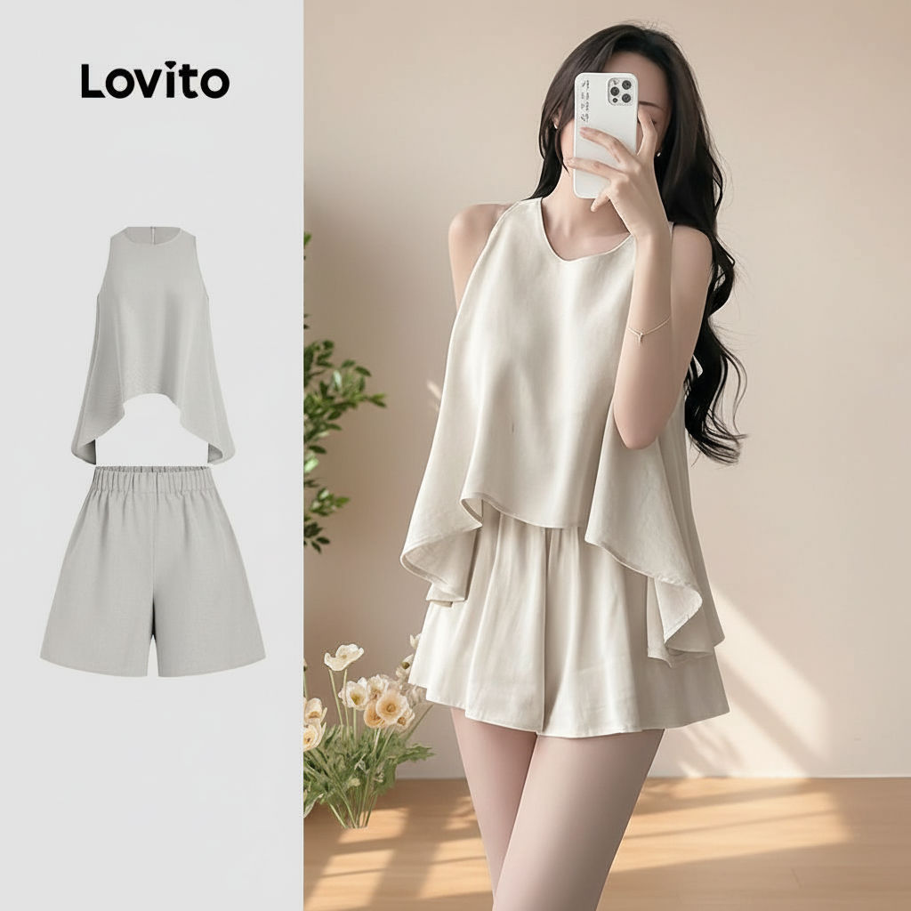 Lovito เสื้อเชิ้ตหรือกางเกงผู้หญิงสไตล์ลําลอง ดีไซน์ไม่สมมาตร สําหรับฤดูร้อนและฤดูใบไม้ผลิ L131ED610