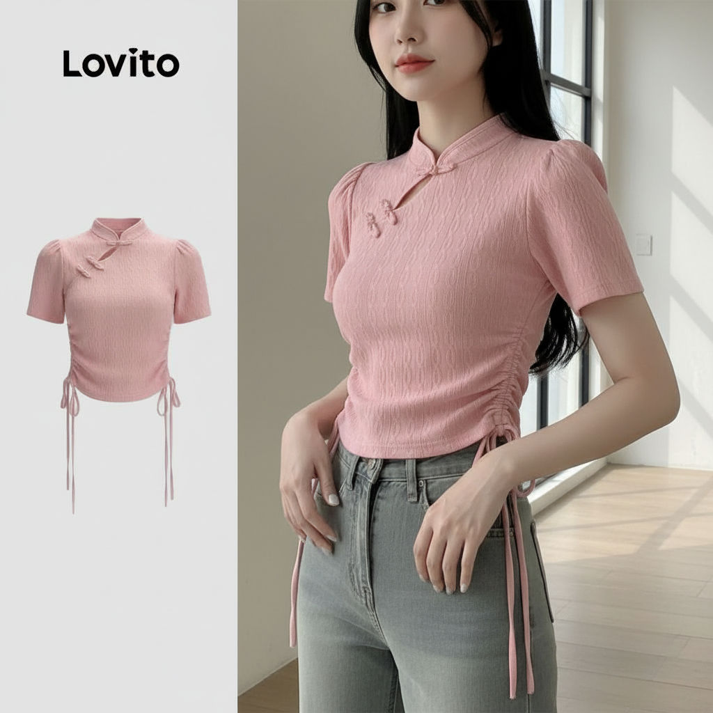 Lovito เสื้อยืดผู้หญิงสีชมพู ดีไซน์กระดุมและผูกเชือก สําหรับฤดูใบไม้ผลิ/ฤดูร้อน LK2ED209