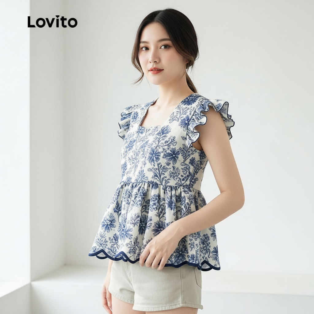 Lovito เสื้อผูกคอผู้หญิงลายดอกสไตล์โบฮีเมียน สําหรับฤดูร้อนฤดูใบไม้ผลิ LK2EDD076